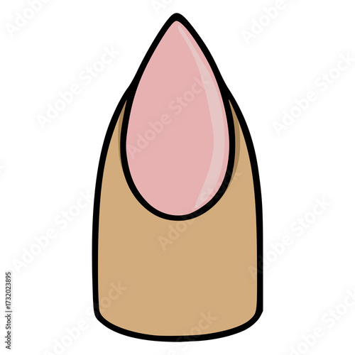 A simple vector illustration of a single almond-shaped artificial nail, featuring a light pink nail plate with a subtle gradient and a beige cuticle area, outlined in bold black.