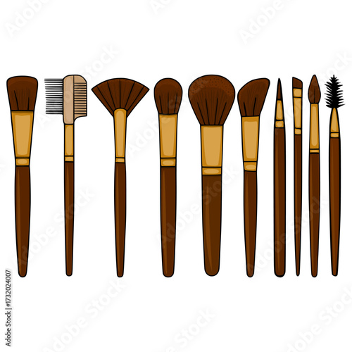 A collection of diverse makeup brushes with brown bristles and golden ferrules, presented as a clean vector illustration on a white background.
