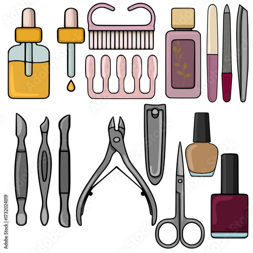 A comprehensive vector collection of manicure and nail care tools, featuring cuticle pushers, nail files, clippers, polish bottles, and serum droppers, all presented in a clean, illustrative style...