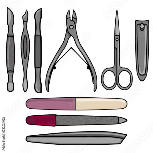 A clean vector illustration showcasing a collection of essential manicure and pedicure tools, including cuticle pushers, clippers, scissors, nail files, and tweezers, presented on a white background.