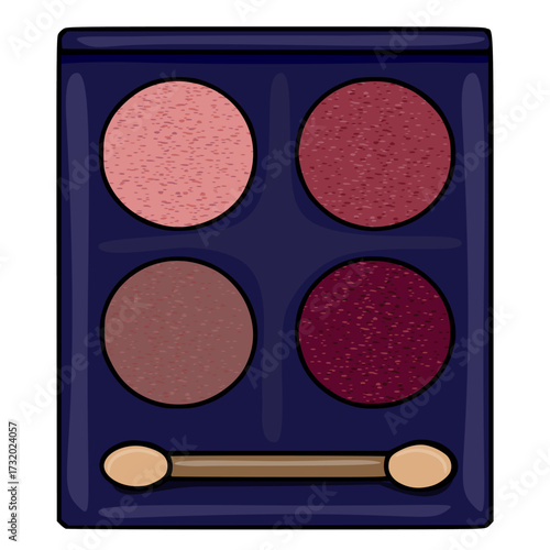 A flat vector illustration of a four-color eyeshadow palette with a dual-ended applicator, featuring shades of rose, berry, and earthy tones in a dark blue compact.