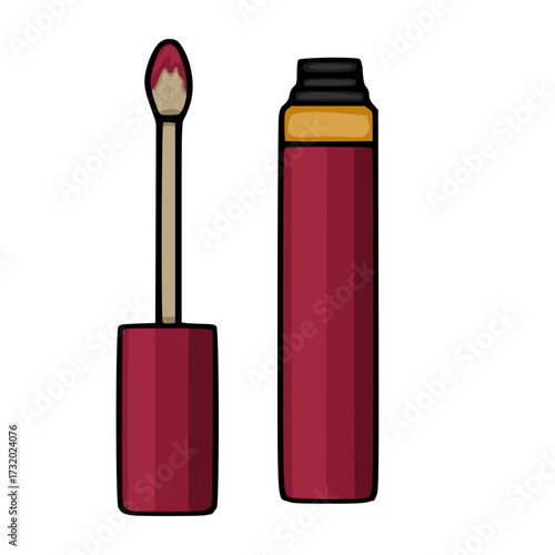 A vector illustration of a deep red liquid lipstick tube and its applicator, showcasing a rich berry shade with a textured applicator tip.