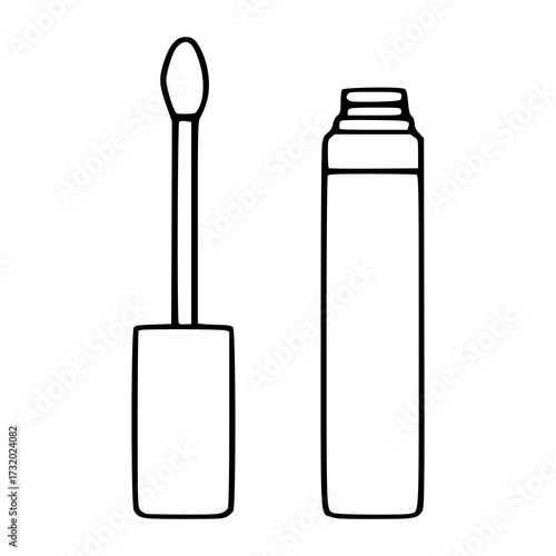Minimalist black and white vector illustration of an open lipstick tube with applicator and its closed container, perfect for beauty and makeup branding.