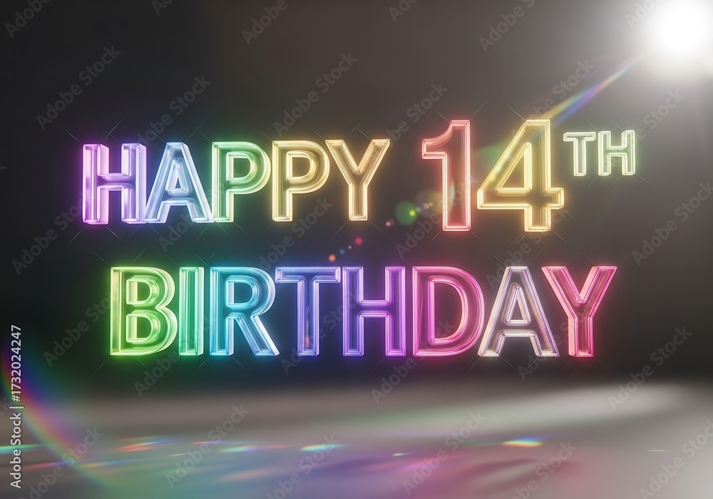 Obraz premium Happy 14th Birthday Colorful Neon Glow Text with Light Flares on Dark Background