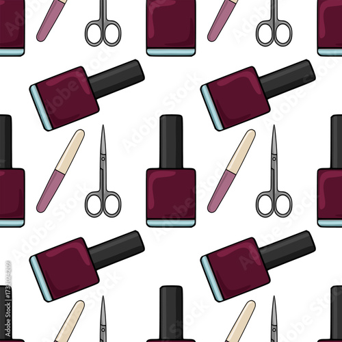 Seamless vector pattern featuring nail polish bottles, nail files, and manicure scissors in a playful arrangement.