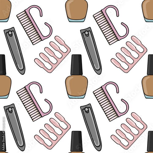 Seamless vector pattern featuring manicure tools and nail polish bottles in a playful, clean aesthetic.