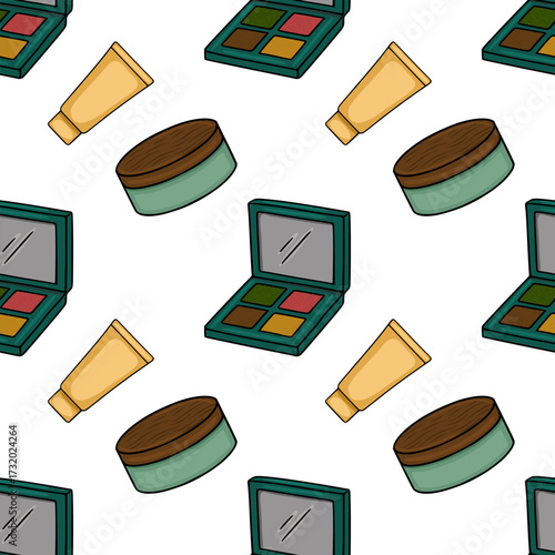 Seamless vector pattern featuring stylized makeup items including eyeshadow palettes, cream jars, and cosmetic tubes in a playful, hand-drawn aesthetic.