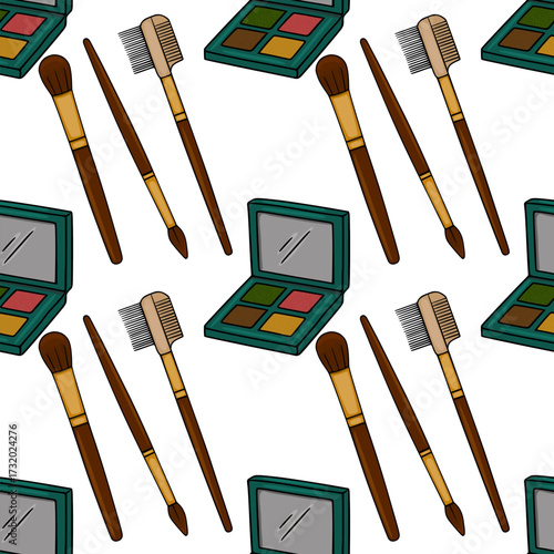 Seamless vector pattern featuring diverse makeup brushes and a quad eyeshadow palette with a clean, illustrative style.