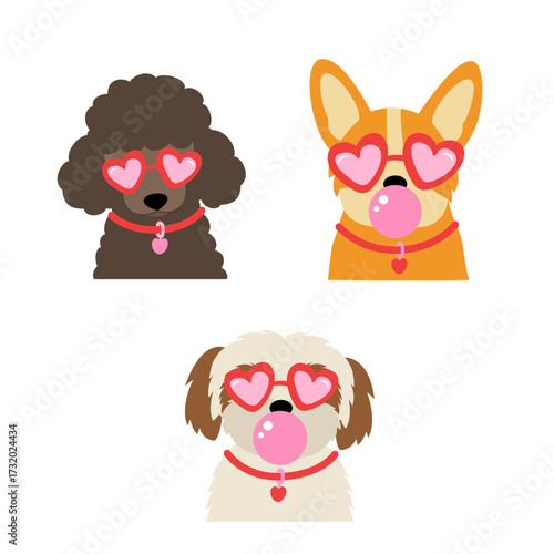 set of isolated playful dogs wearing heart glasses blowing bubblegum