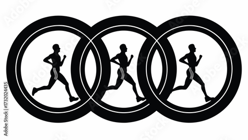 Inspiring marathon runner silhouettes in interconnected circles embody fitness and competition