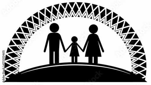 Unified family unit holding hands under protective decorative archway symbolizing unity and togetherness