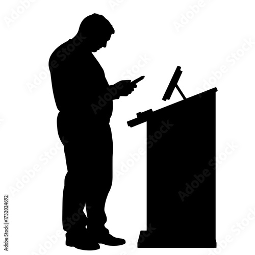 Man using smartphone at lectern, technology and communication concept