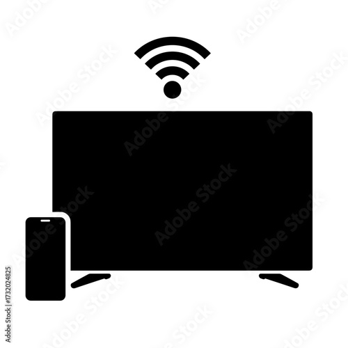 Smartphone and TV connected via wireless signal, smart home technology concept