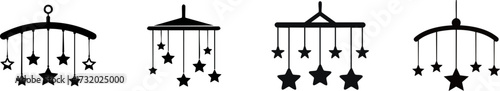 A set of four black silhouettes of mobile hangings, featuring stars, perfect for nursery decor or whimsical design.