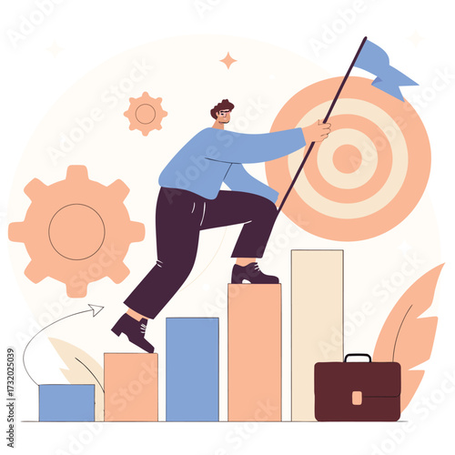 Man climbing bar chart steps to reach target holding flag vector illustration for business success and achievement concept