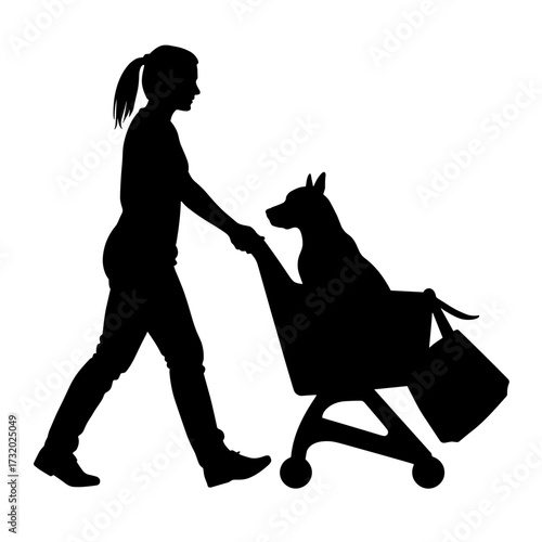 Silhouette of woman walking dog in shopping cart, pet-friendly shopping concept