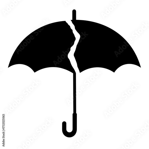 Broken umbrella silhouette icon, symbol of damaged protection and insurance failure