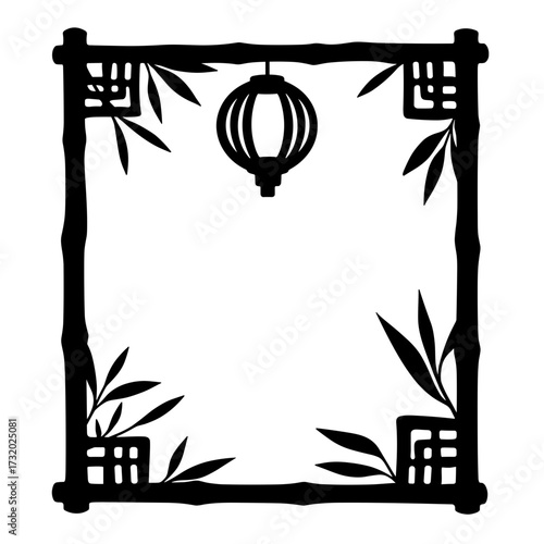 Asian style decorative frame with bamboo and lantern silhouette, traditional cultural border design