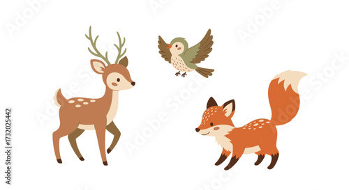 Adorable cartoon forest animals: deer fox and owl.