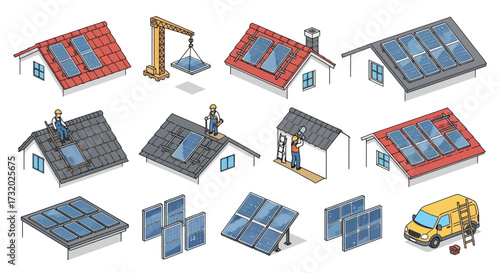 Collection of Houses with Solar Panels and Installation Elements.