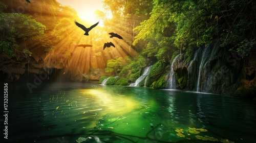 Serene Natural Landscape with Waterfall and Birds in Sunlit Forest Scene