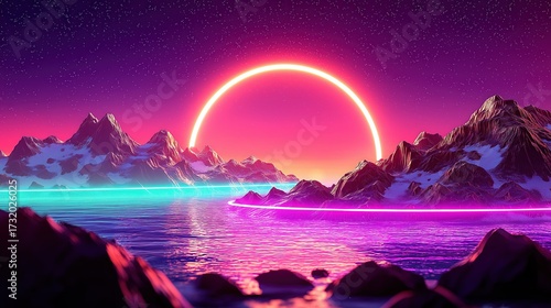 Vibrant Retro Sunset Over Mountain Landscape