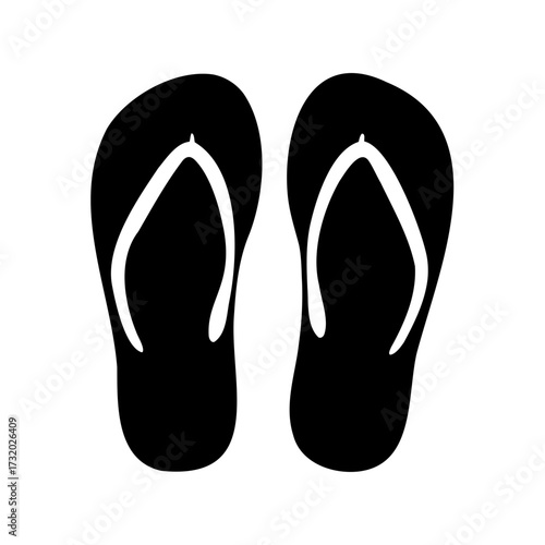 Stylized image of black flip flops isolated on white background, minimal design