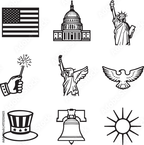 Patriotic Symbols: A collection of iconic symbols including the American flag, capitol building, statue of liberty and other elements associated with patriotic themes in a monochromatic graphic.