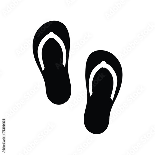 Black silhouette of flip flops isolated on white background, minimalist summer footwear