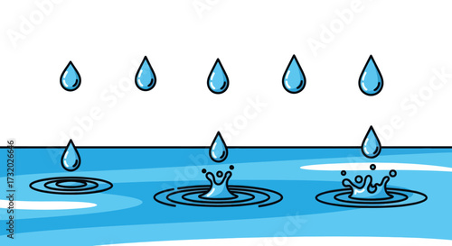 Water Droplets Impacting Surface: Ripples and Splashes Illustration.