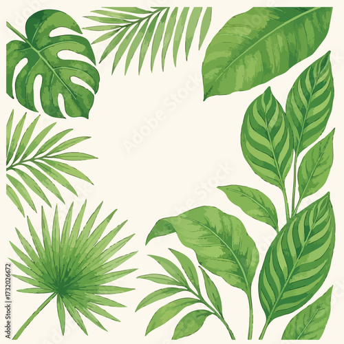 Frame with tropical leaves; monstera, palm, banana, saw palmetto, calathea. Watercolor illustration isolated on white background.