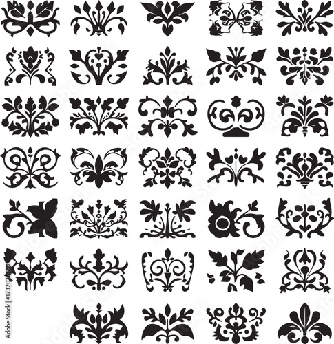 Vintage Floral Ornaments Collection: A visually striking ensemble of classic, black-and-white floral ornaments, perfect for adding an elegant touch to design projects, representing enduring style.