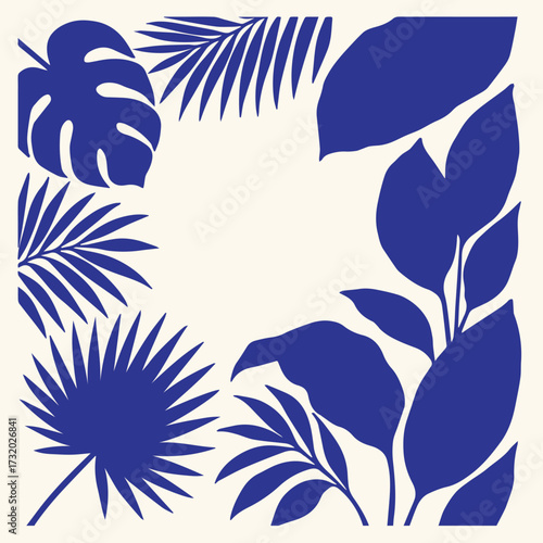 Frame with tropical leaves; monstera, palm, banana, saw palmetto, calathea. blue vectorillustration isolated on white background.