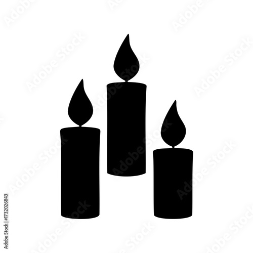 Three stylized candles with flames in black silhouette on white background