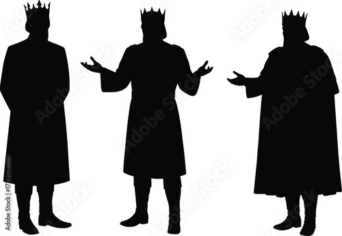 Three crowned kings silhouette, royal figures in dramatic poses, medieval monarchs in black robes, symbolic leadership, regal authority, isolated on white background