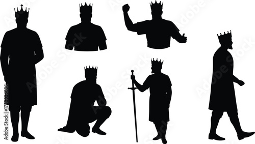 Six crowned king silhouettes, regal male figures in varied poses, medieval royalty illustration, symbolic leadership, noble gestures, black robes on white background