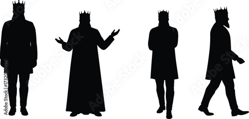 Four crowned king silhouettes, royal male figures in varied poses, medieval monarchs in black robes, symbolic leadership, noble gestures, isolated on white background