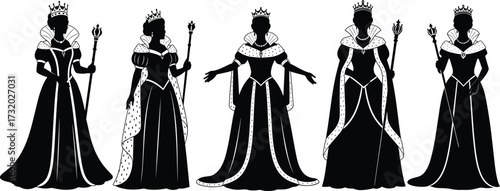 Five queen silhouettes with scepters, royal female figures in elaborate gowns and cloaks, crowned monarchs in regal poses, black illustration, white background