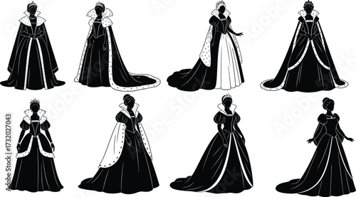 Eight royal woman silhouettes, crowned female figures in elaborate gowns and cloaks, historical and fantasy fashion styles, character design inspiration, black illustration