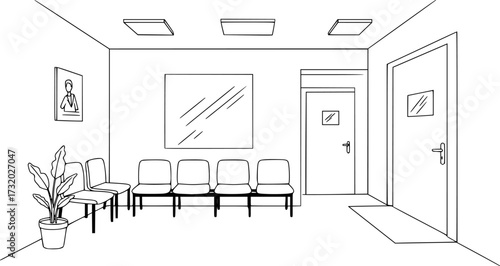 vector waiting room illustration. waiting hall with blue walls, chairs and a pot plant near the door. waiting for appointment in office or clinic
