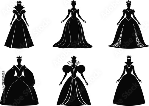 Six princess silhouettes, royal female figures in elegant ball gowns, crowned women in diverse dress styles, fashion inspiration, regal character design, black illustration