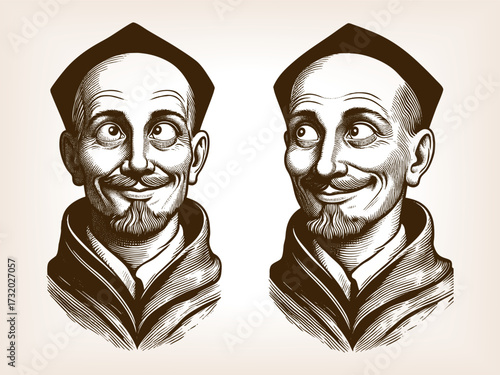 two monks showing quirky and humorous facial expressions, drawn in a satirical retro comic style sketch engraving generative ai fictional character vector illustration. Scratch board. Black and white.