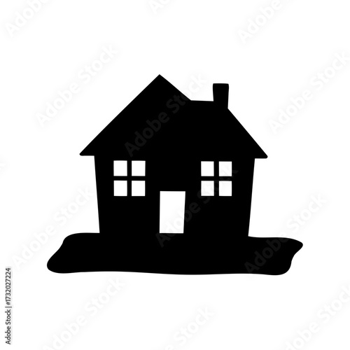 Stylized black and white silhouette of a house with a chimney