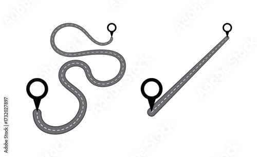 Location pin markers, line with turn, curve, straight road vector design. Simple and complex difficult complicated business process solution. Gps map markers illustration isolated on white. 