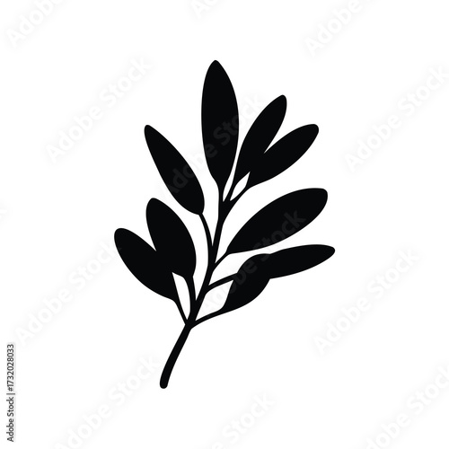 Minimalist botanical illustration of a branch with elliptical leaves in black silhouette