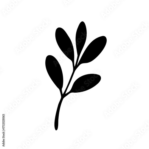 Minimalist botanical illustration featuring a branch with elegant oval leaves, in stark black