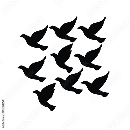 A flock of black silhouette birds flying in formation against a white background