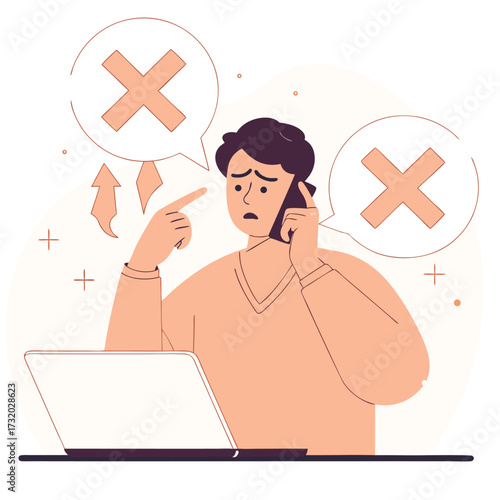Frustrated man talking on the phone with error messages vector illustration of a person experiencing technical difficulties isolated on white backgrou