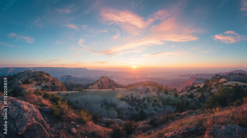 Fototapeta premium Panoramic Sunrise Over Rocky Hills