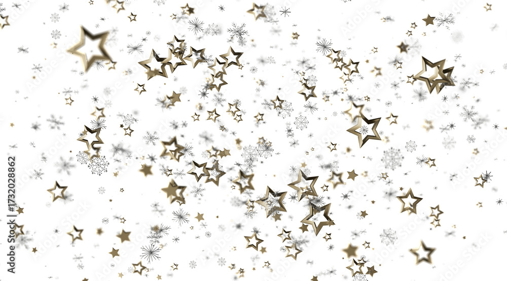 Obraz premium Sparkling gold stars and snowflakes on white. Perfect for holidays, celebration, and winter themes.